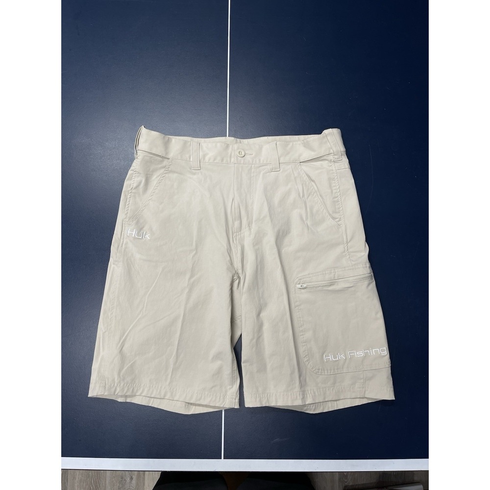 Huk Performance Fishing Shorts Mens Large Tan Khaki Stretch Cargo Utility Pocket